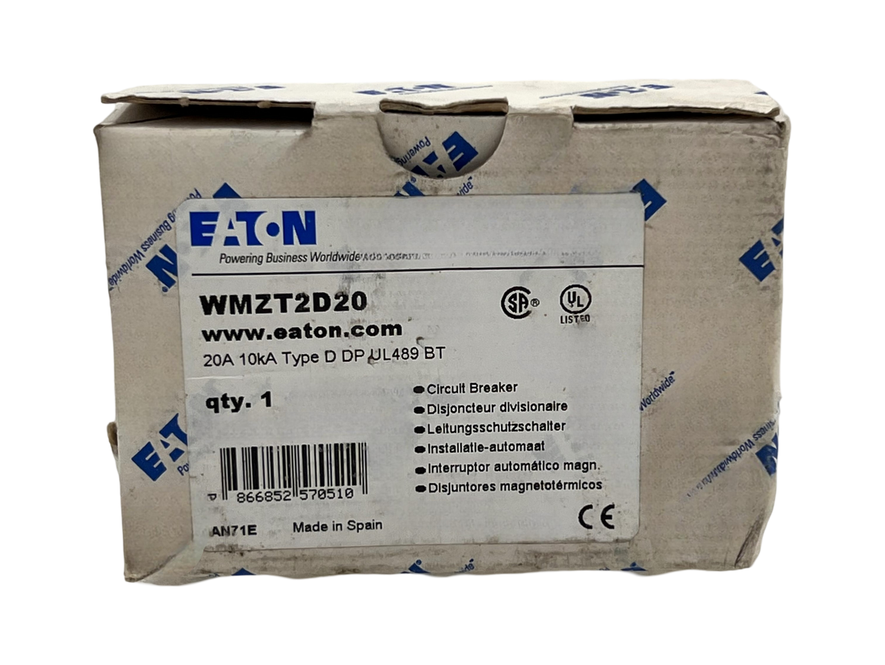 Eaton WMZT2D20  Breaker 20A 277/480V 2P 1PH 10kA DIN Rail Series WMZ