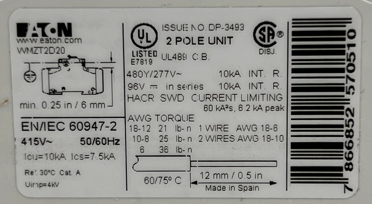 Eaton WMZT2D20  Breaker 20A 277/480V 2P 1PH 10kA DIN Rail Series WMZ