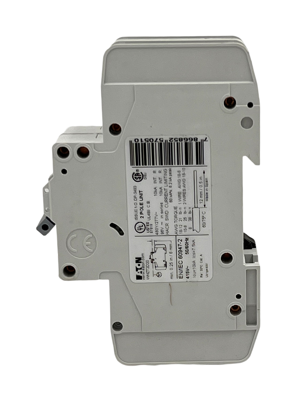 Eaton WMZT2D20 Circuit Breaker | 20A | 2-Pole | 480/277V AC | 10kA | Type D | DIN Rail Mount | Trip Indicator | Screw Terminals