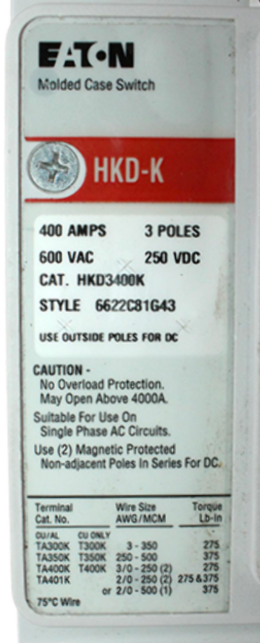 Eaton HKD3400K Molded Case Switch 400A 600V 3P 100kA T186 Trip Type K-Frame