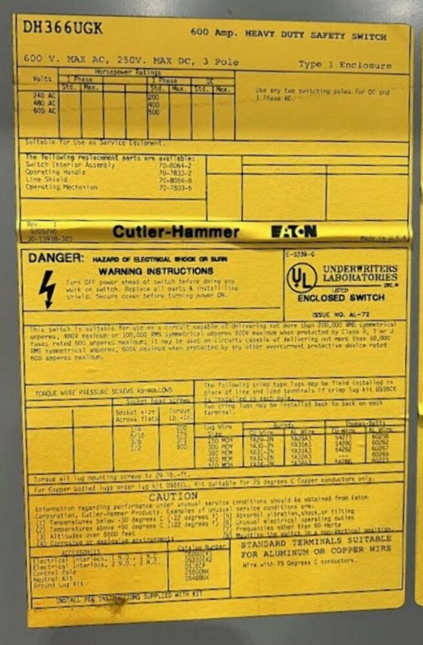 Eaton DH366UGK Non-Fusible Safety Switch 600A 600V 3P 3PH 3W NEMA 1 Single Throw