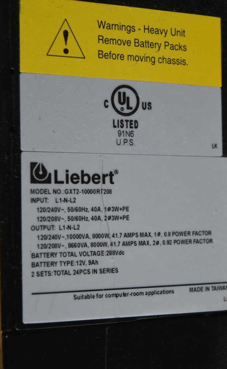 Liebert GXT2-10000RT208 Double Conversion UPS 10,000VA 8000W RM 6U 208V Rackmout