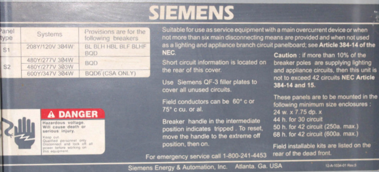 Siemens I2E42MC400A Panelboard 400A 480Y/277V Spaces:42 w/LXD63B600 Breaker	600A
