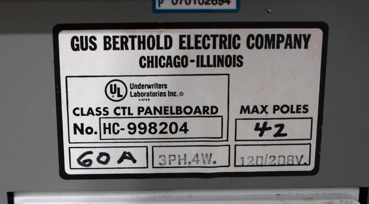 Gus Berthold HC-998204 Main Breaker Pnlbrd 60A 120/208V 3PH 4W 42SP W/FD3060 Bkr