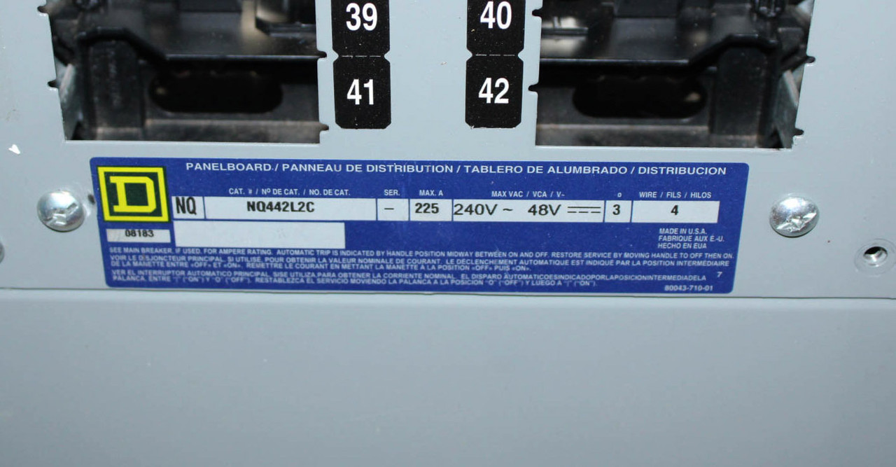 Square D NQ442L2C Main Breaker Panelboard – 225A, 240V, 3PH 4W, 42 Spaces, Cu Bus, Type 1