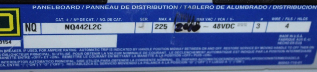 Square D NQ442L2C Main Lug Panelboard 225A 240V 3PH 4W 42SP Type 1 Enclosure