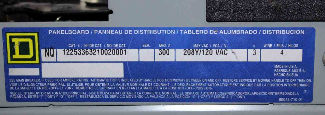 Square D NQ Main Breaker Panelboard 300A 208Y/120V 3PH 4W 42SP Type 1 Enclosure