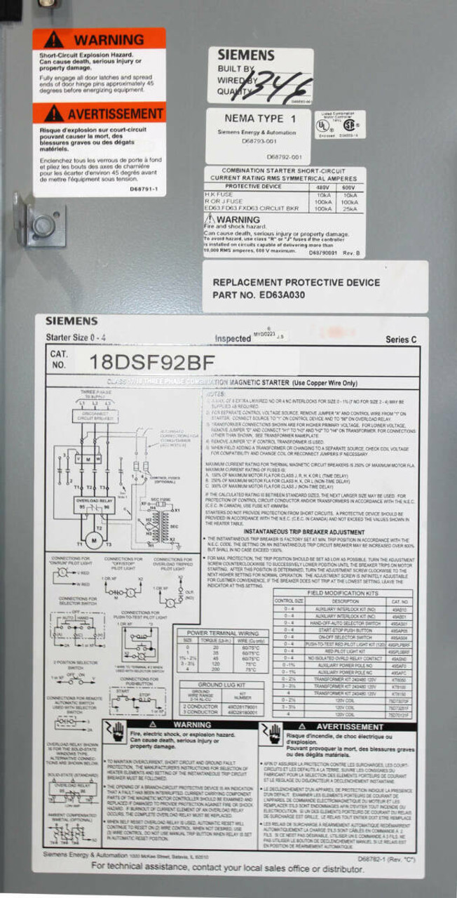 Siemens 18DSF92BF Enclosure for Starter Combo 24 x 11 x 7.25 Steel NEMA 1