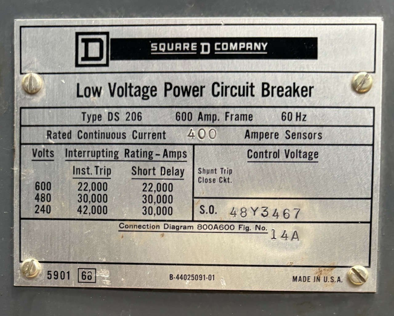 Square D DS-206 Low Voltage Power Circuit Breaker 400A 600V 3P 22kA