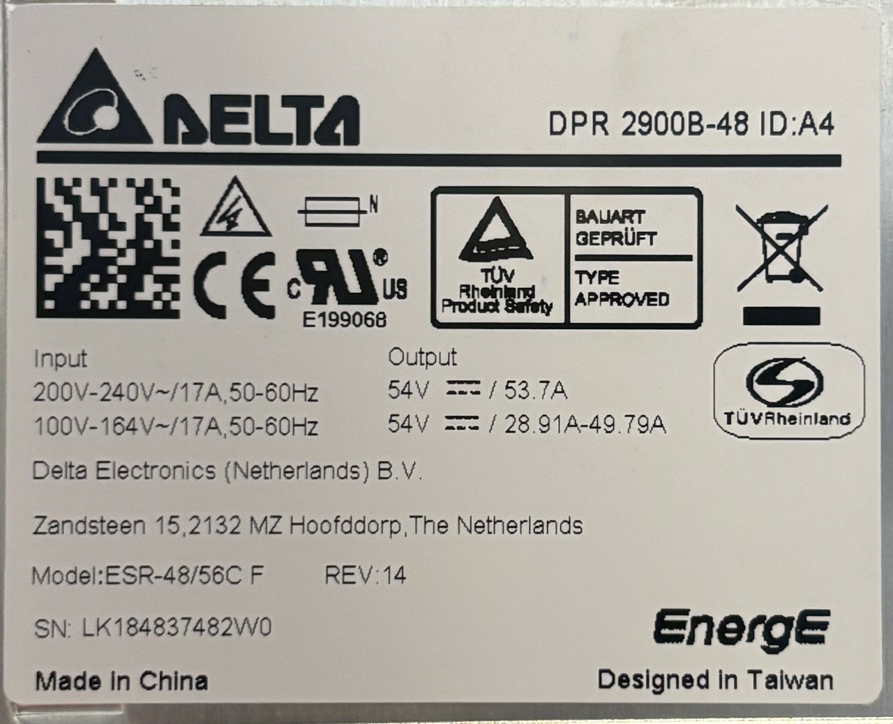 Delta Electronics ESR-48/56C-F Rectifier 53.7A 54V 2900W 1PH For DC Power System