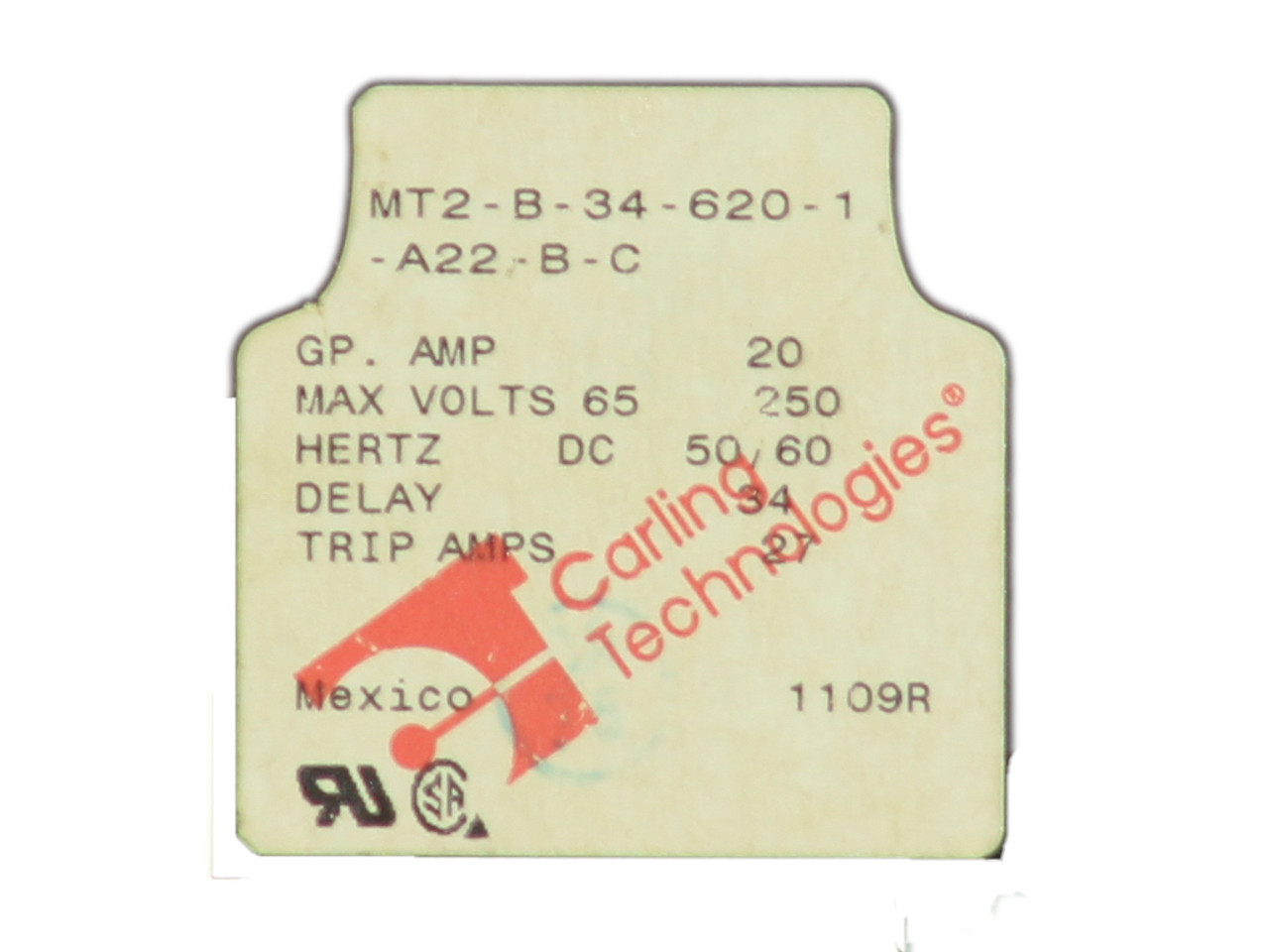 Carling Technologies MT2-B-34-620-1-A22-B-C Breaker 20A 250V 2P Push/Pull Actuator