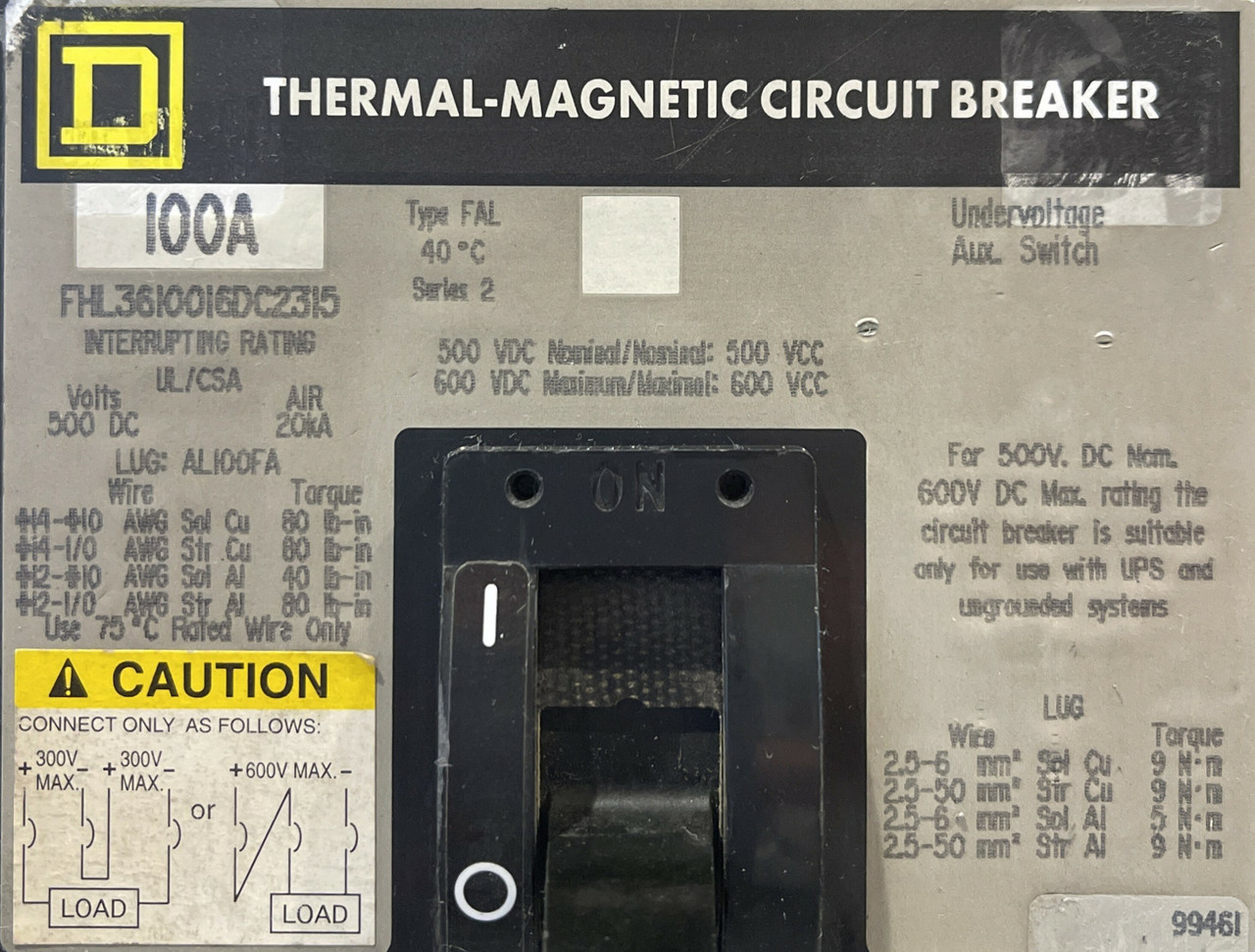 Square D FHL3610016DC2315 Breaker 100A 500V 3P 20kA W/Auxiliary and Undervoltage