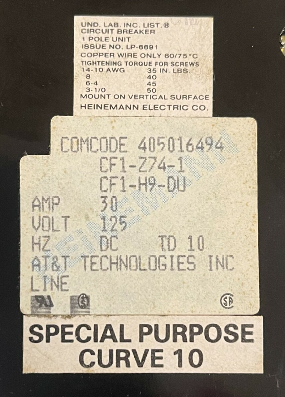 Heinemann CF1-Z74-1 DC Breaker 30A 125V 1P Curve 10