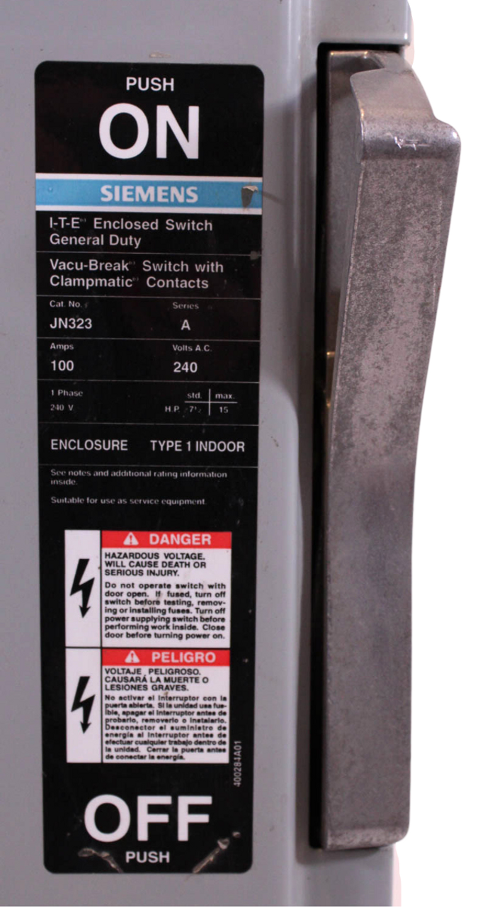 Siemens JN323 Vacu-Break Switch 100A 240V 3W 2P 1PH NEMA 1 Fusible Class R Fuse