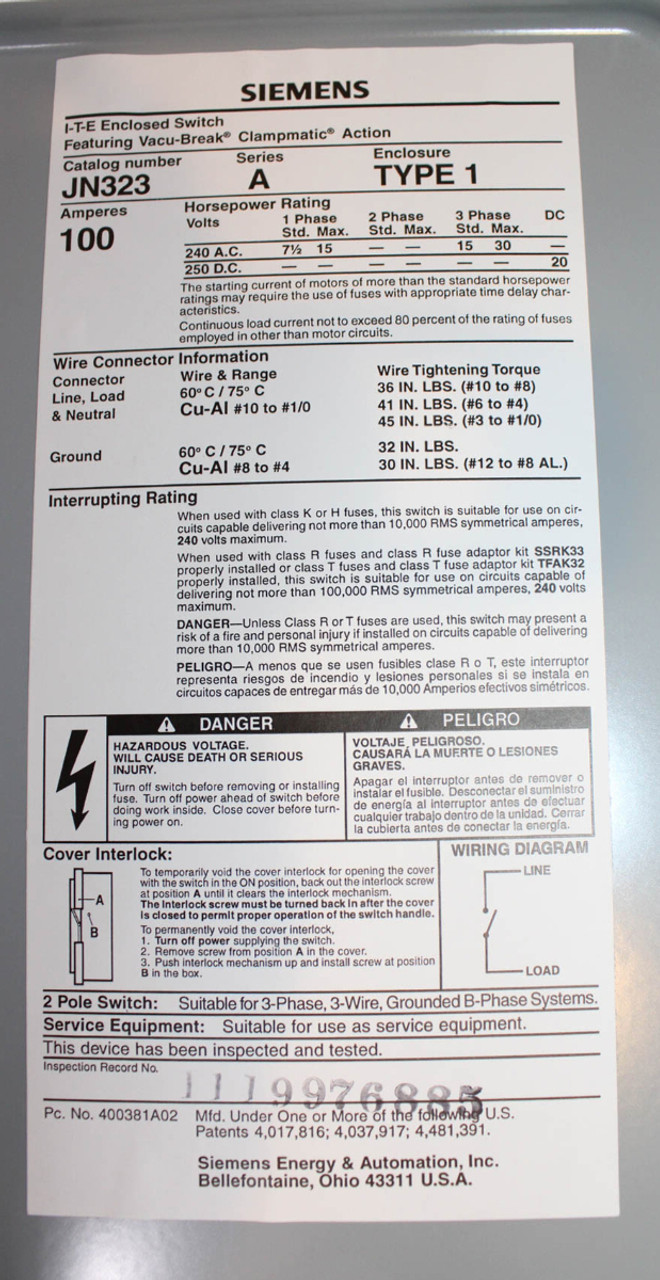 Siemens JN323 Vacu-Break Switch 100A 240V 3W 2P 1PH NEMA 1 Fusible Class R Fuse