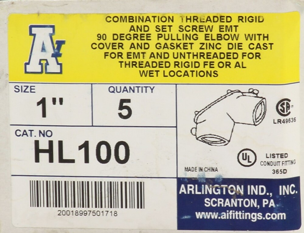 Arlington HL100 Pulling Elbow 1 In Zinc Die Cast 90 Deg Angle W/Cover and Gasket