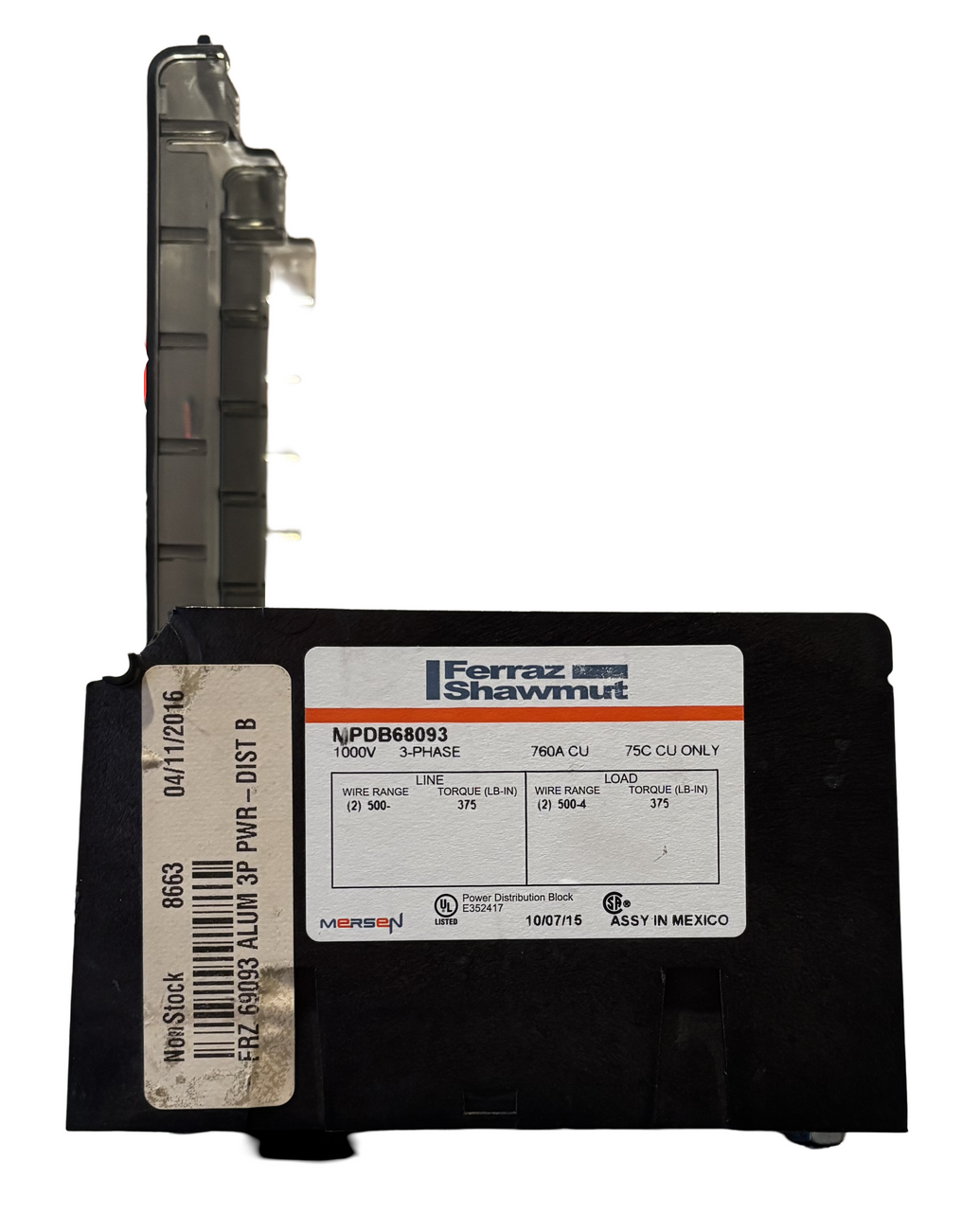 Ferraz Shawmut MPDB68093 Power Dist Block 760A CU Only 1000V 3P 10kA Screw Mnt