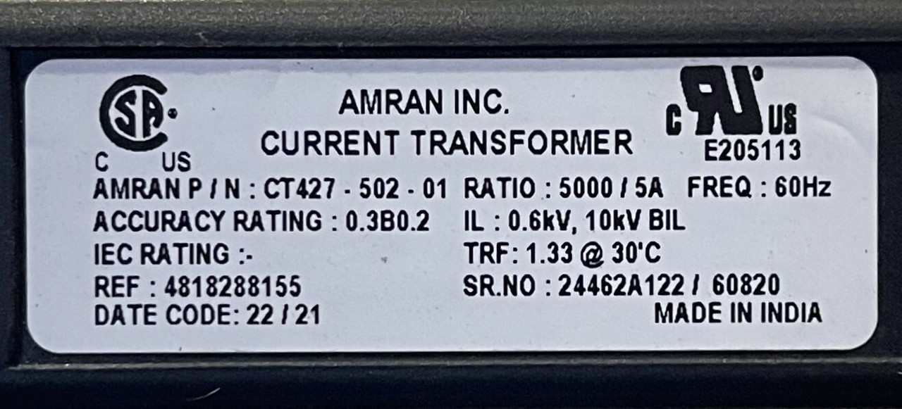 Amran CT427-502-01 Current Transformer 5000:5 600V 10kV BIL 60Hz Win: 6.9 x 3.15