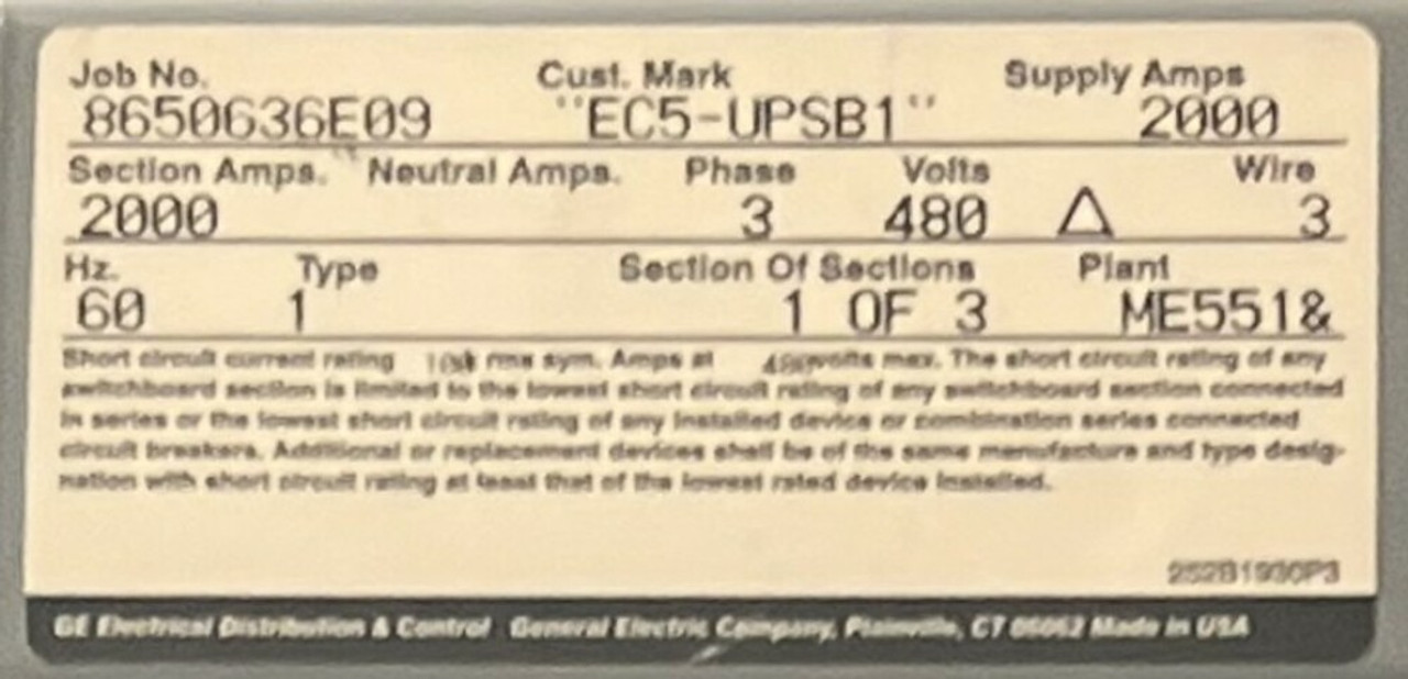 GE Spectra Series Switchboard - 2000A 480V 3PH 3W 60Hz Type 1