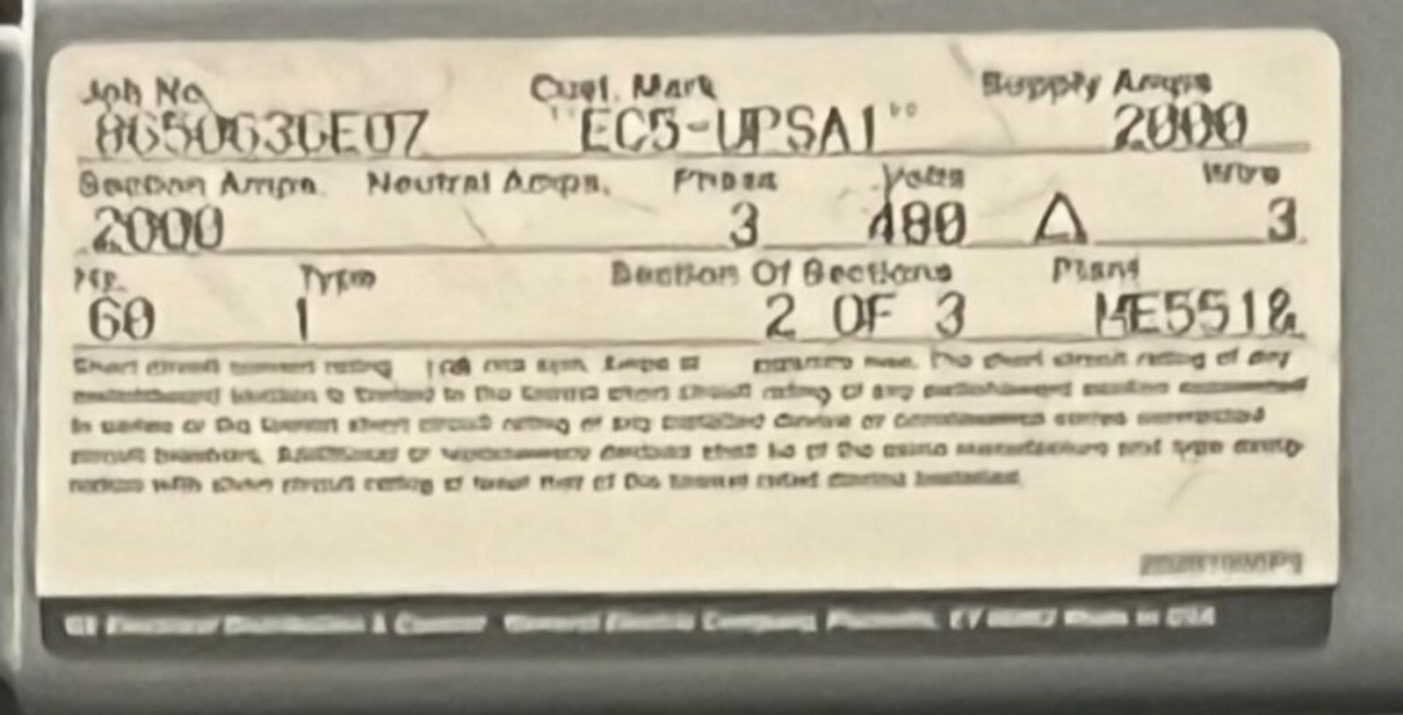 GE Spectra Series Switchboard - 2000A 480V 3PH 3W 60Hz Type 1