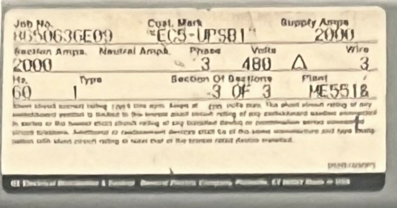 GE Spectra Series Switchboard - 2000A 480V 3PH 3W 60Hz Type 1