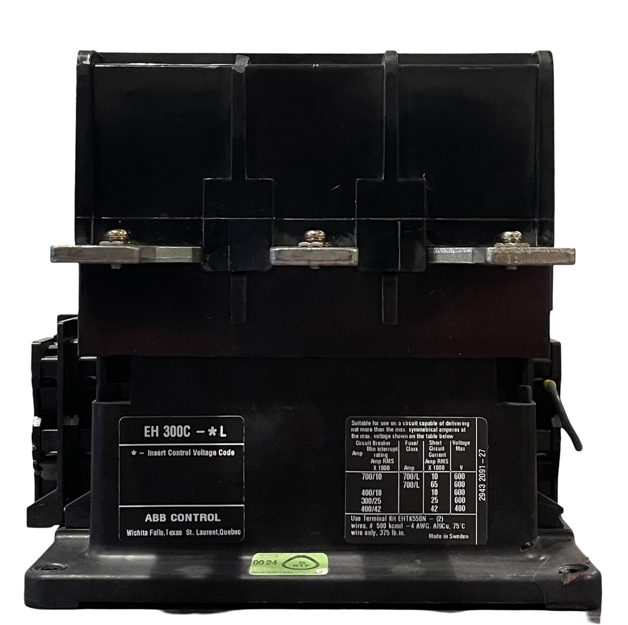 ABB EH 300 Contactor 350A 600V 3P 3PH Coil: 24V W/ Auxiliary