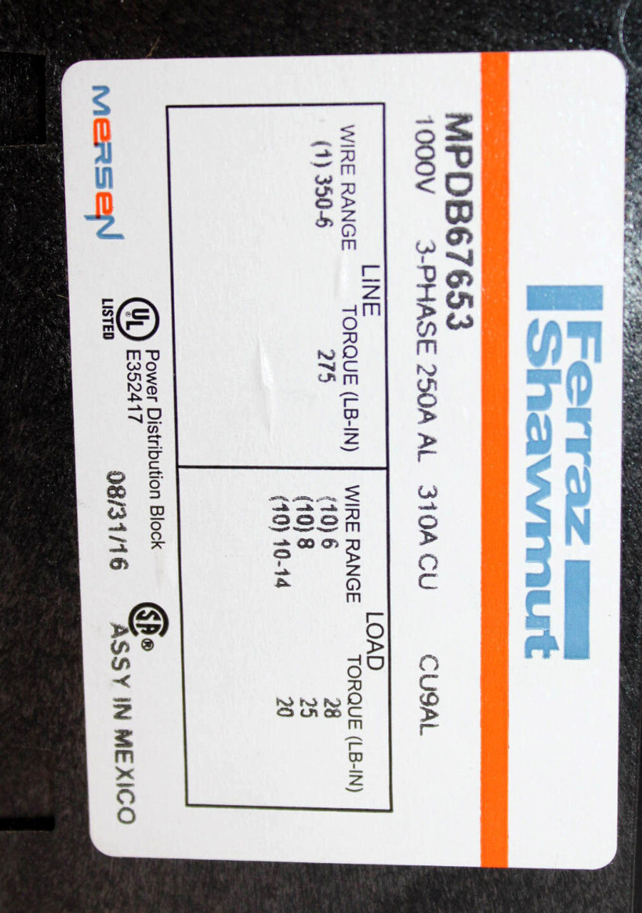 Ferraz Shawmut MPDB67653 Power Distribution Block 250A AL 310A CU 1000V 3Ph