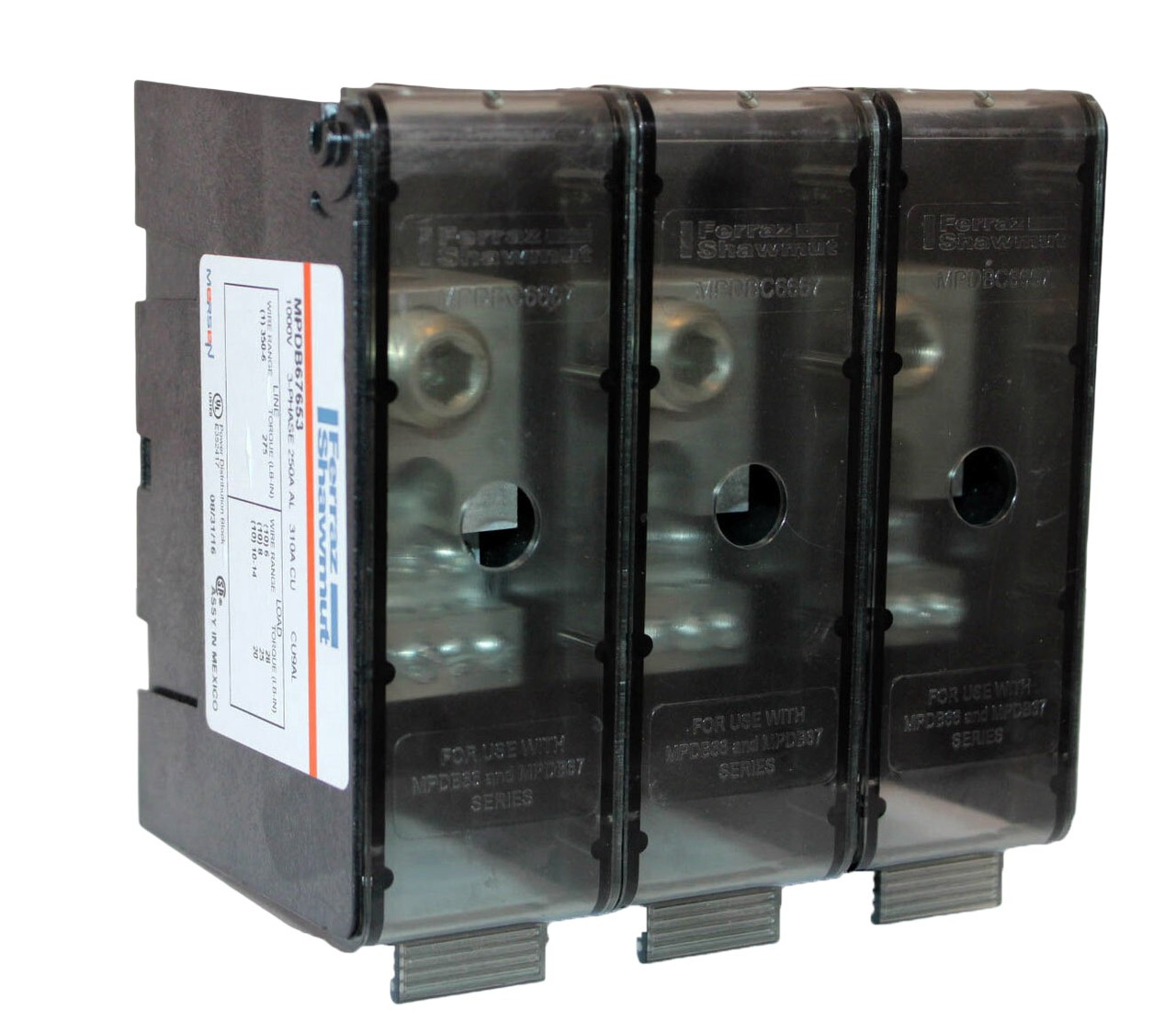 Ferraz Shawmut MPDB67653 – 3-Pole Open-Style Power Distribution Block, Dual-Rated Aluminum/Copper