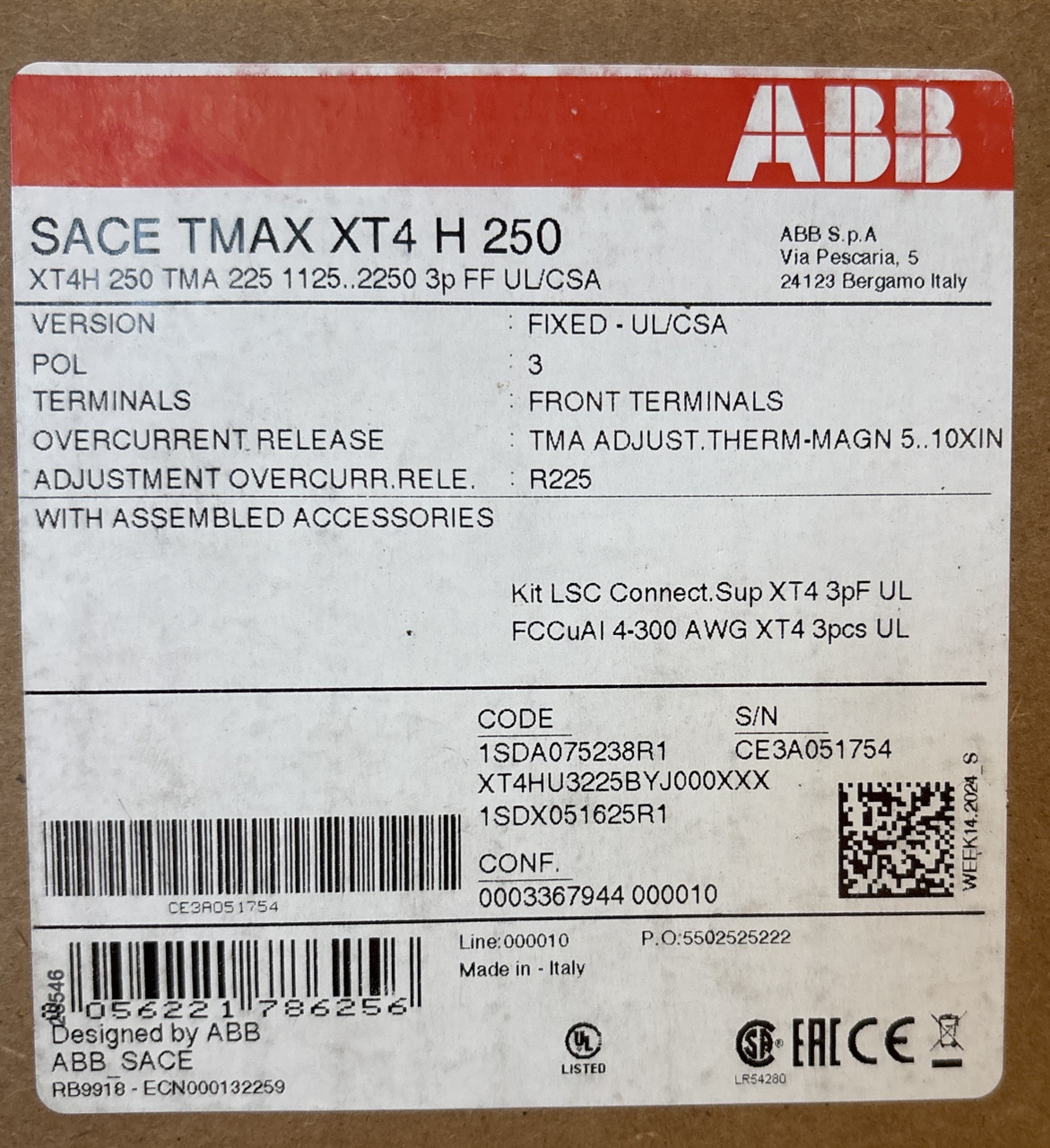 ABB XT4HU3225BYJ000XXX Circuit Breaker 225A, 3-Pole, 600V  - XT4H Frame, LSI Trip Unit