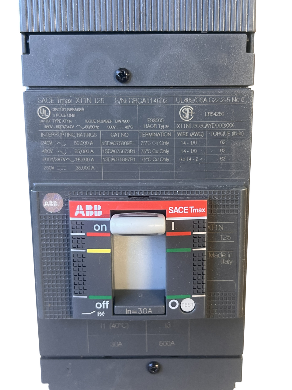 ABB XT1NU3030AYD000XXX – SACE Tmax XT1N Thermal‑Magnetic MCCB, 30 A, 3‑Pole, 600 VAC, 25 kA AIC