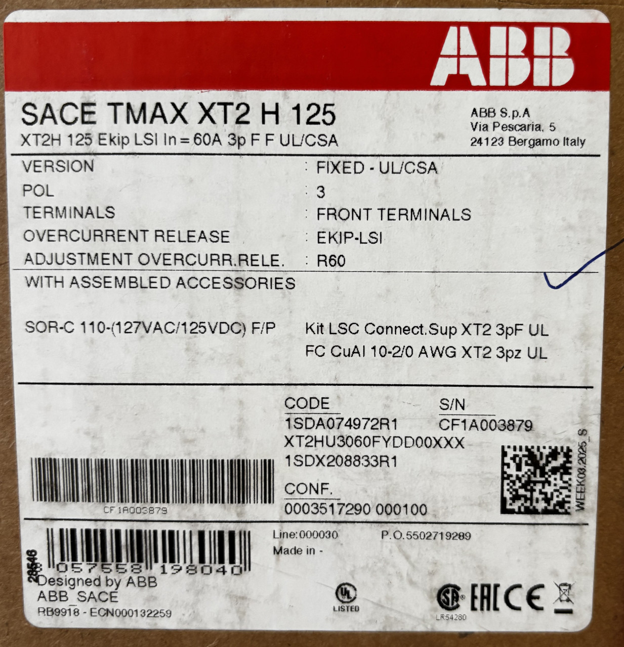 ABB XT2HU3060FYDD00XXX MCCB, 3P 60A 35kA, EKIP LSI Trip Unit, R60 Overcurrent Relay, XT2H Series