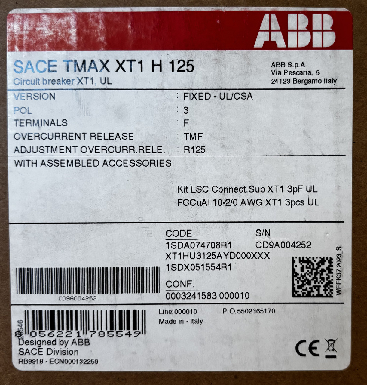 ABB XT1HU3125AYD000XXX Molded Case Circuit Breaker – 3 Pole, 125A, 600Y/347V AC, UL Listed