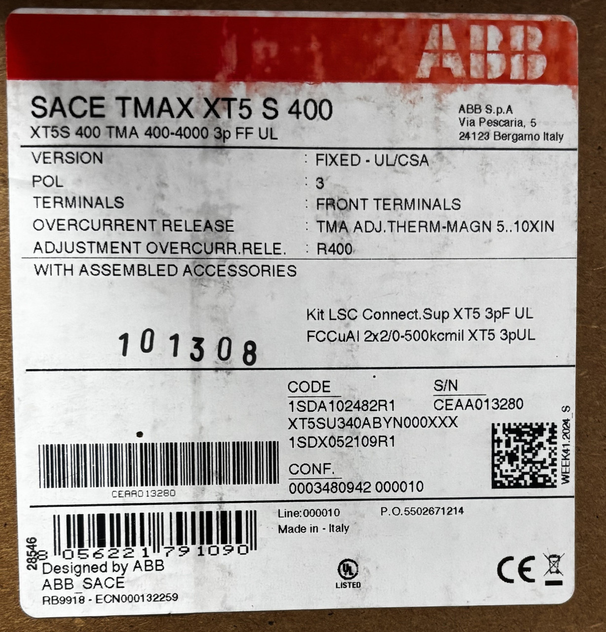 ABB XT5SU340ABYN000XXX MCCB – XT5 Series Molded Case Circuit Breaker, 3 Pole, 400A, UL/IEC Certified
