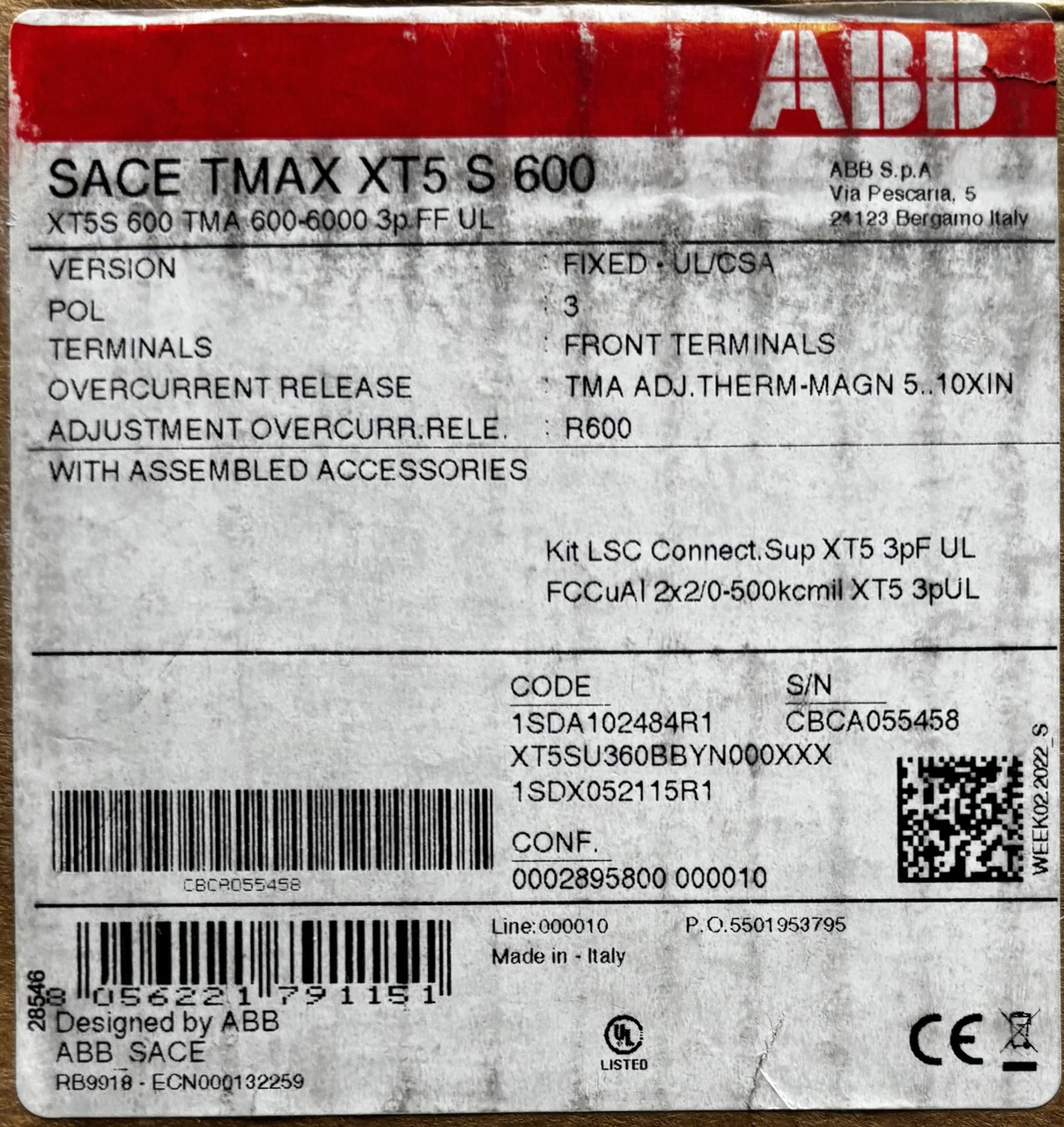 ABB XT5SU360BBYN000XXX – XT5S Molded Case Circuit Breaker, 360A, 3-Pole, 600V, UL489