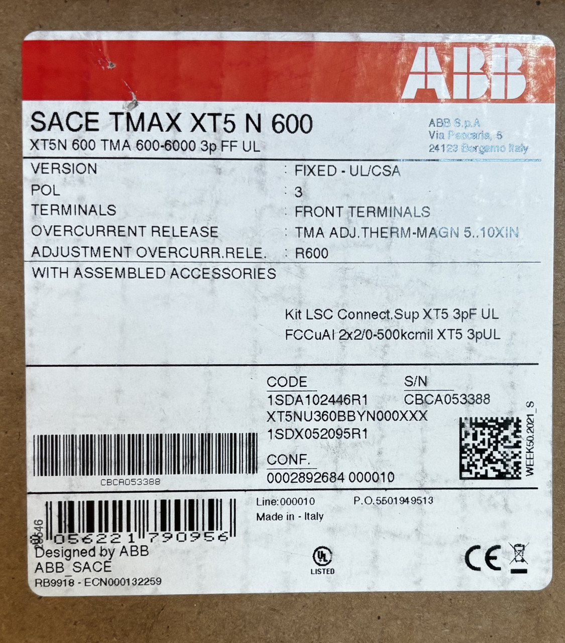 ABB XT5NU360BBYN000XXX  600A 3-Pole Molded Case Circuit Breaker – Thermal Magnetic Trip