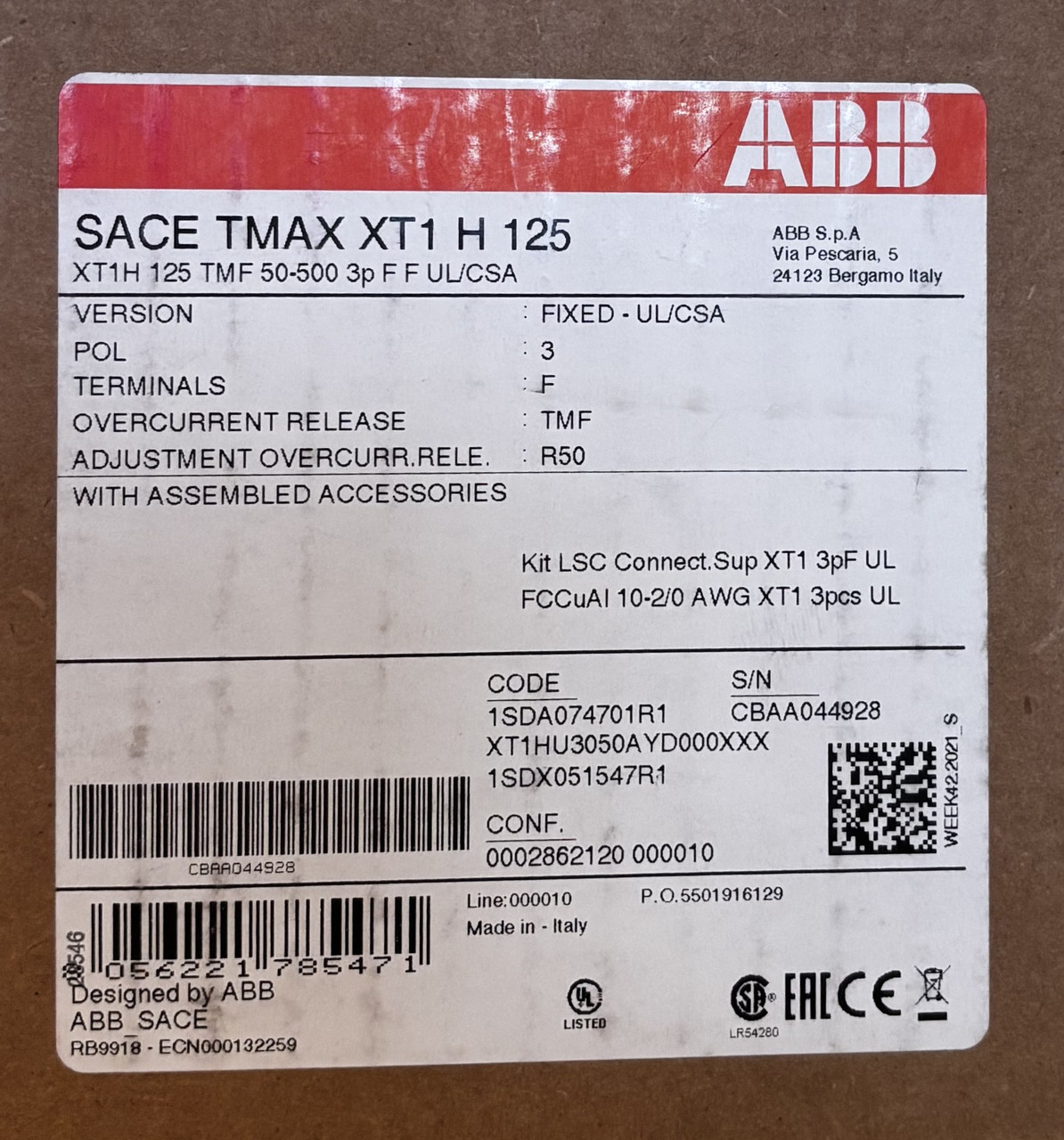 ABB XT1HU3050AYD000XXX Circuit Breaker, 3-Pole, 50A, 600VAC, Thermal Magnetic, 65kA, XT1H Series