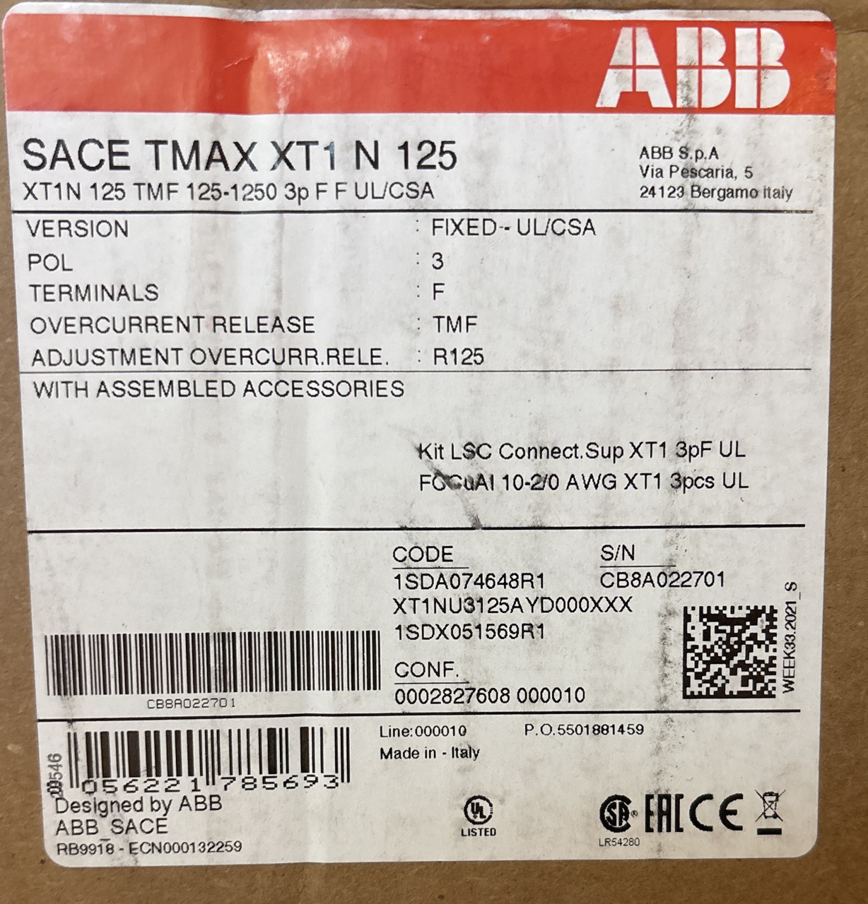ABB XT1NU3125AYD000XXX Thermal Magnetic Breaker – 125A, 3-Pole, 480/600V,  MCCB, 25kA, Tmax XT1N