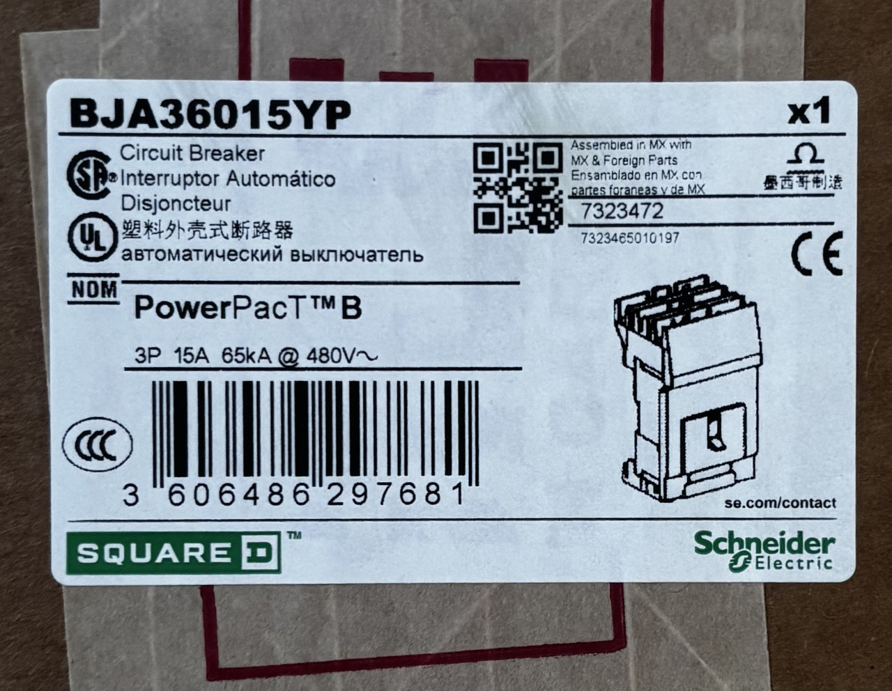 Square D BJA36015YP Circuit Breaker, 15A, 3-Pole, 600Y/347V AC, 25kA, I-Line, Thermal Magnetic