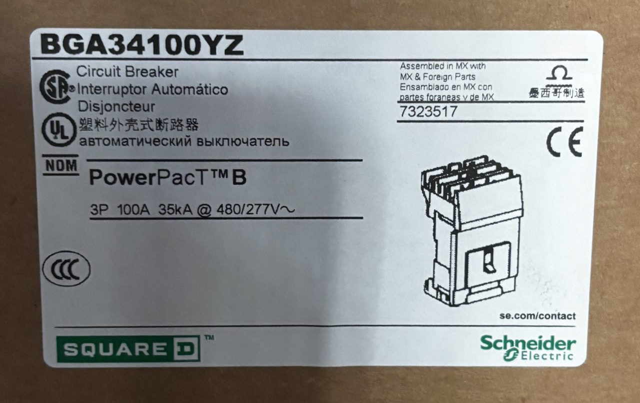 Square D BGA34100YZ Circuit Breaker – PowerPact B, 3 Pole, 100A, 480Y/277V AC, 35kA, I-Line, Thermal Magnetic