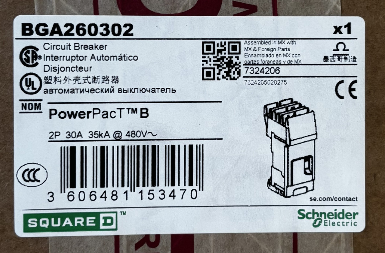 Square D BGA260302 Circuit Breaker – PowerPact B, 30A, 2 Pole, 600Y/347V AC, 18kA, I-Line, Thermal Magnetic