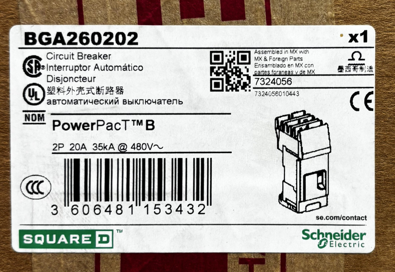 Square D BGA260202 Circuit Breaker – PowerPact B, 20A, 2 Pole, 600Y/347V AC, 18kA, I-Line, Thermal Magnetic, 80% Rated