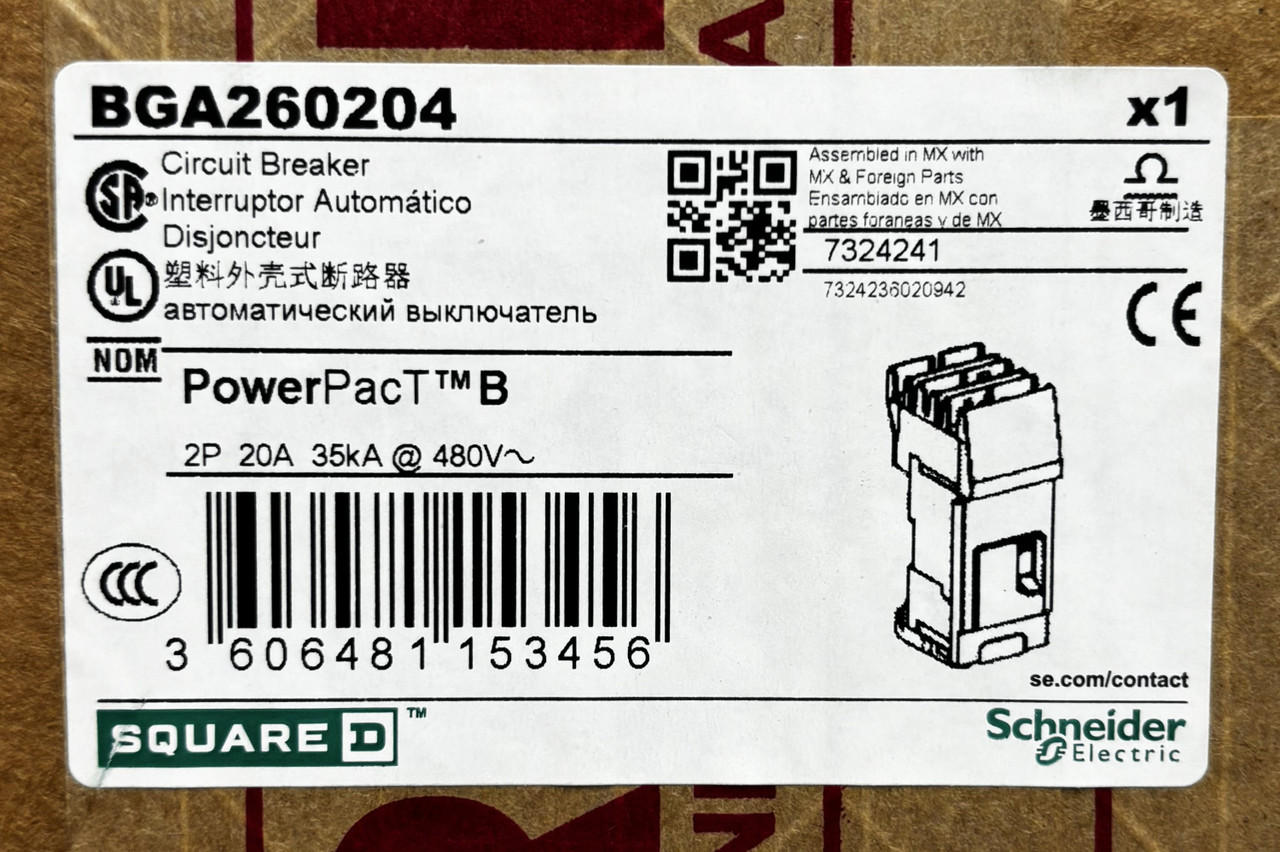 Square D BGA260204 PowerPact B Circuit Breaker – 20A, 2 Pole, 600Y/347V AC, 18kA, I-Line, Thermal Magnetic, 80% Rated, BC
