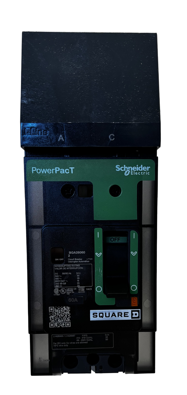 Square D BGA260602 I-Line Circuit Breaker, 60A, 2-Pole, 600Y/347VAC, 18kA, Thermal Magnetic, PowerPacT B Frame