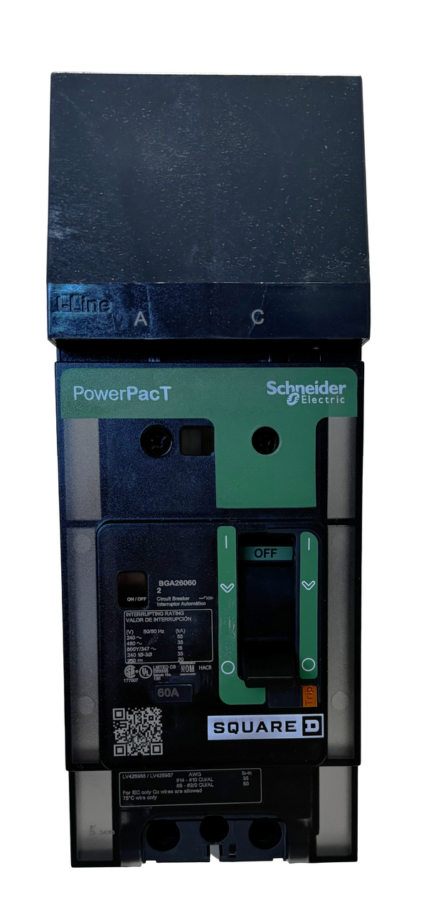Square D BGA260602 I-Line Circuit Breaker, 60A, 2-Pole, 600Y/347VAC, 18kA, Thermal Magnetic, PowerPacT B Frame