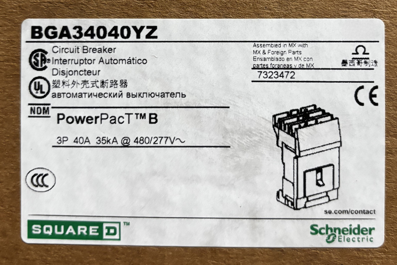 Square D BGA34040YZ I-Line Circuit Breaker, 3 Pole, 40A, 480Y/277V AC, 35kA, Thermal Magnetic