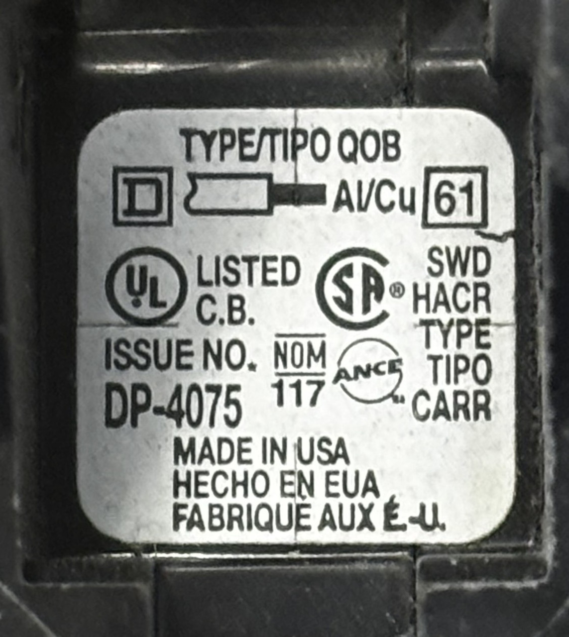 Square D QOB115 Mini Circuit Breaker, QO, 15A, 1-Pole, 120/240V AC, 10kA, Bolt-On