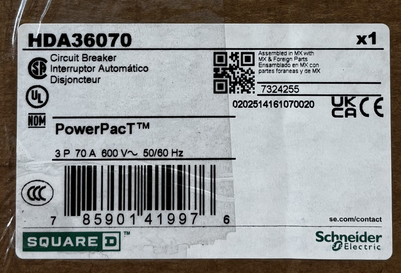 Square D HDA36070 Circuit Breaker | 70A | 3-Pole | 600V AC | 14kA | I-Line | Thermal Magnetic | VisiTrip