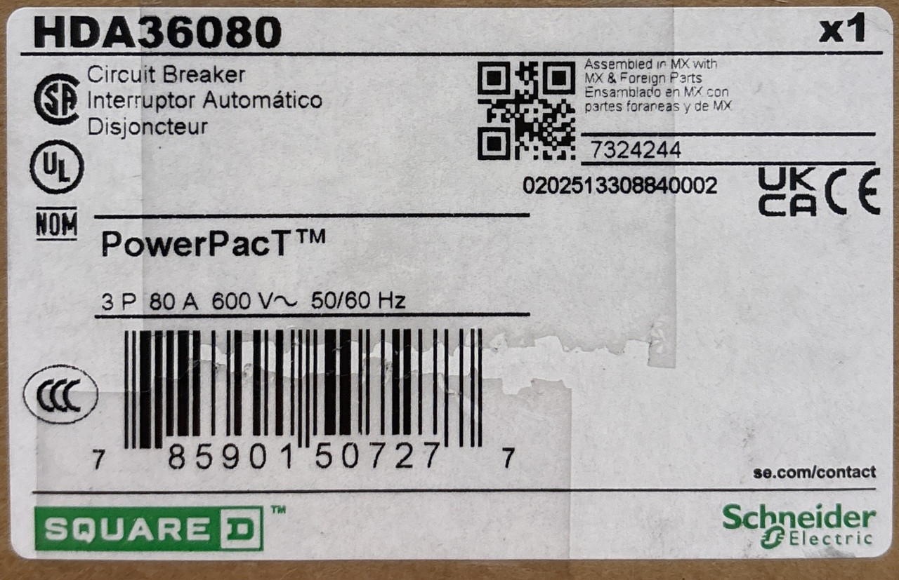 Square D HDA36080 Circuit Breaker | PowerPacT H | 80A | 3P | 600V AC | 14kA | I-Line | Thermal Magnetic | VisiTrip