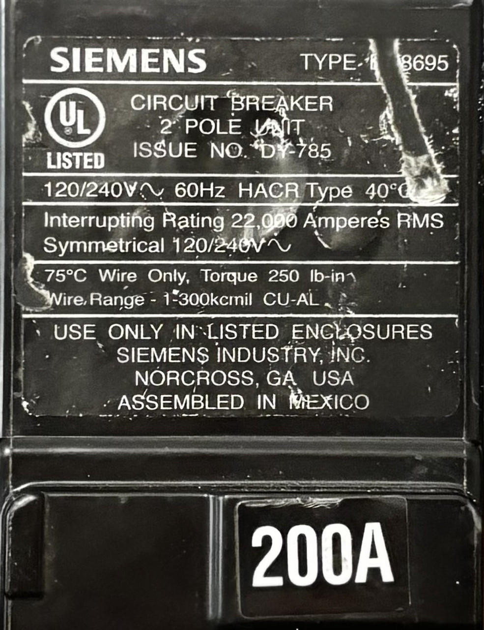 Siemens EQ8695 Circuit Breaker | 200A | 2-Pole | 120/240V AC | 22kA | Thermal-Magnetic