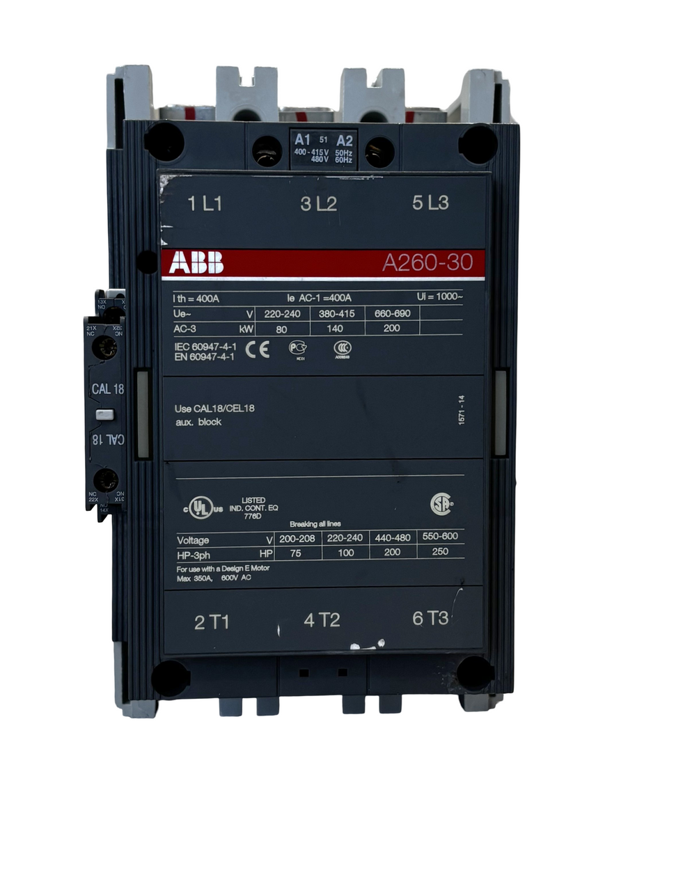 ABB A260-30 Contactor | 3-Pole | 220-230V 50Hz / 230-240V 60Hz Coil | Heavy-Duty